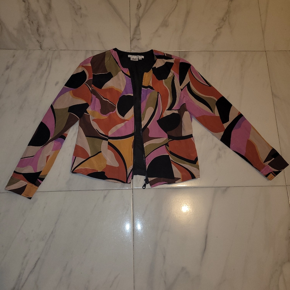 100% SILK Maggy London JACKET BLAZER BLOUSE with Colorful Pattern